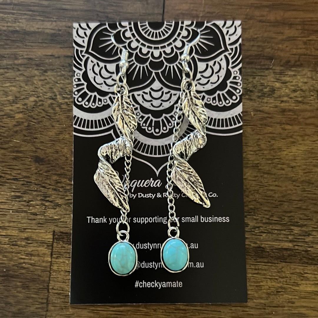 Silver Feather & Turquoise Dangle Earrings