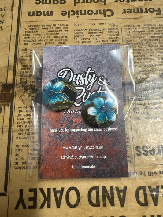 Blue & Gold Floral Stud Earrings