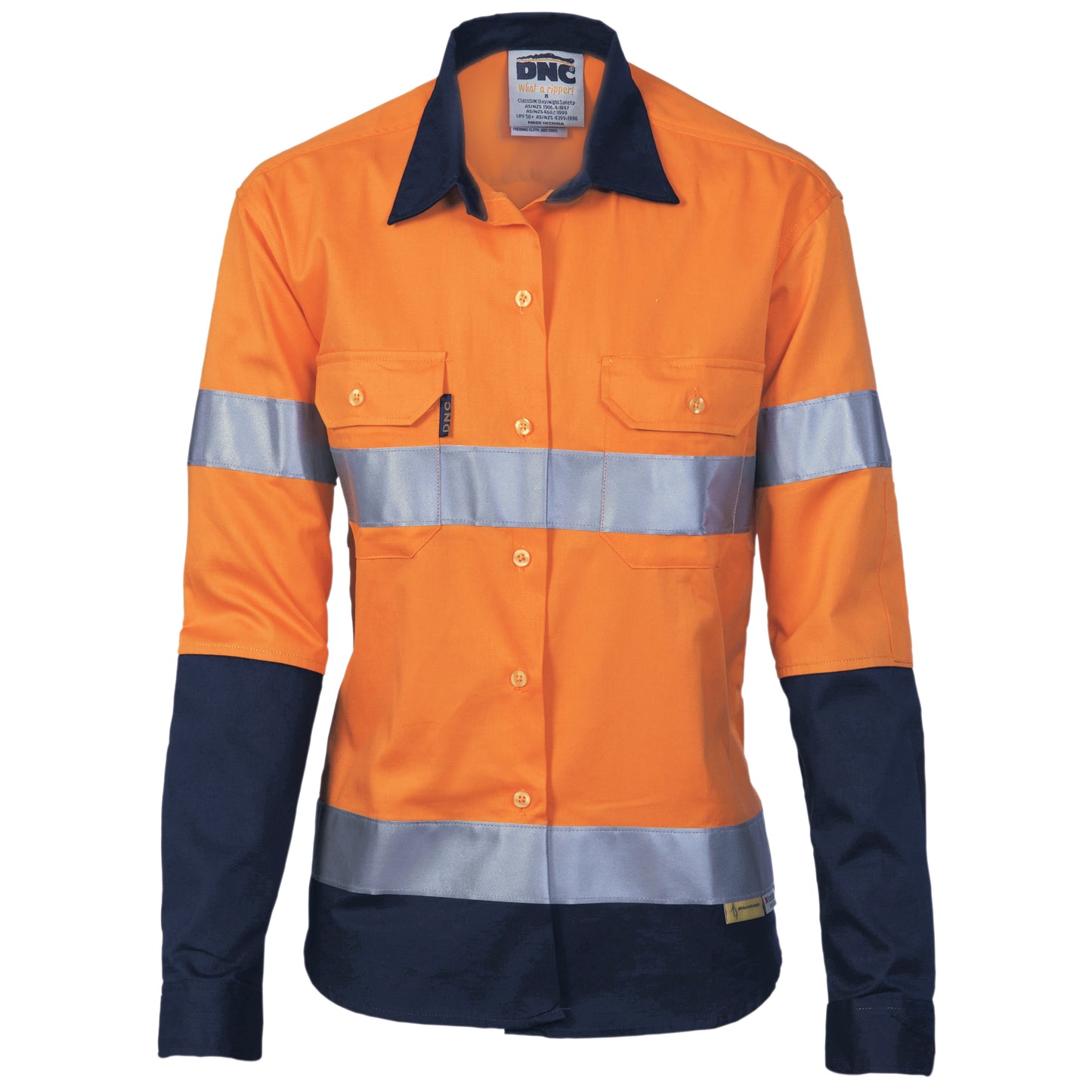 Ladies HiVis Drill Shirt - L/S reflective - Orange / Navy