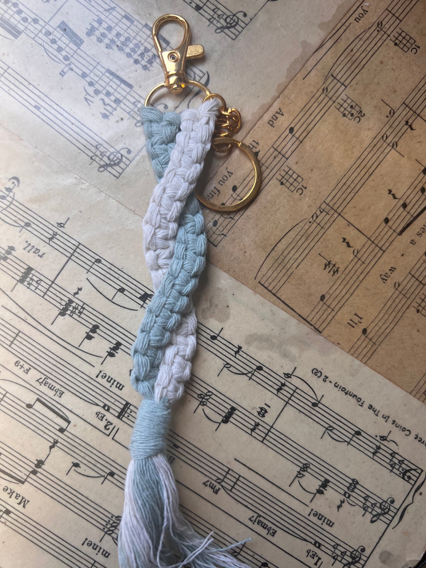 Handmade key ring - Dusty Blue & Cream