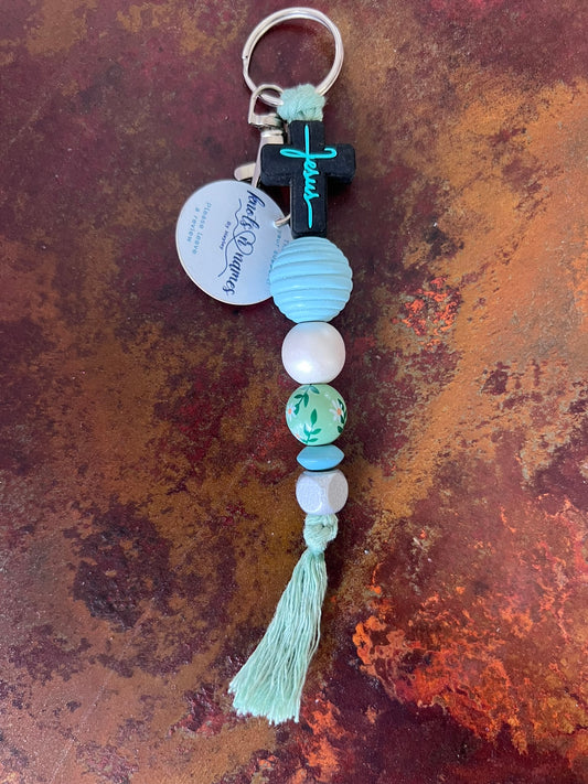 Turquoise Jesus macrame keyring