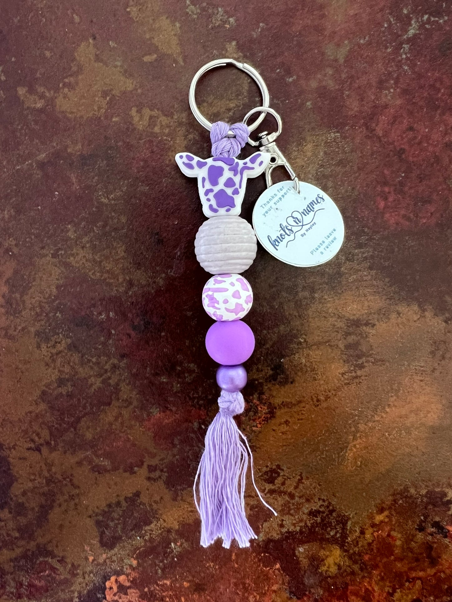 Purple Cow macrame keyring