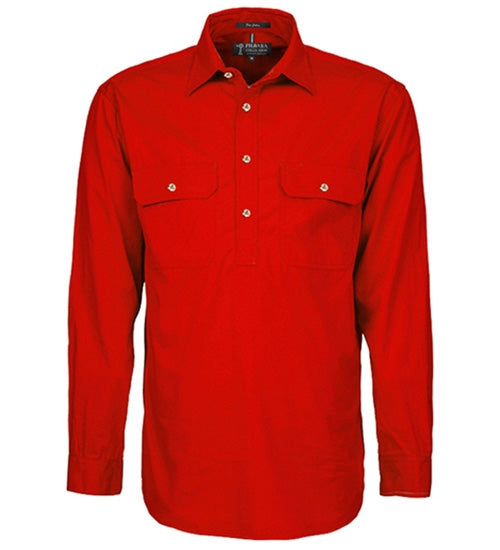 Mens Pilbara Closed Front L/S Shirt - Red