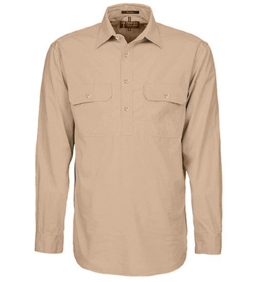 Mens Pilbara Closed Front L/S Shirt - Clay