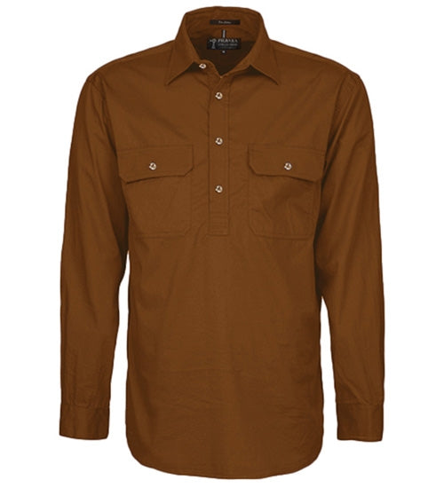 Mens Pilbara Closed Front L/S Shirt - Terracotta