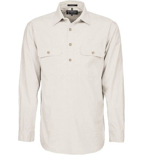 Mens Pilbara Closed Front L/S Shirt - Stone