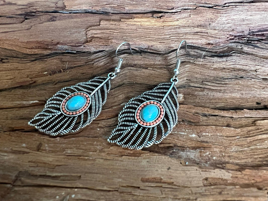 Turquoise & Rust Feather Earrings