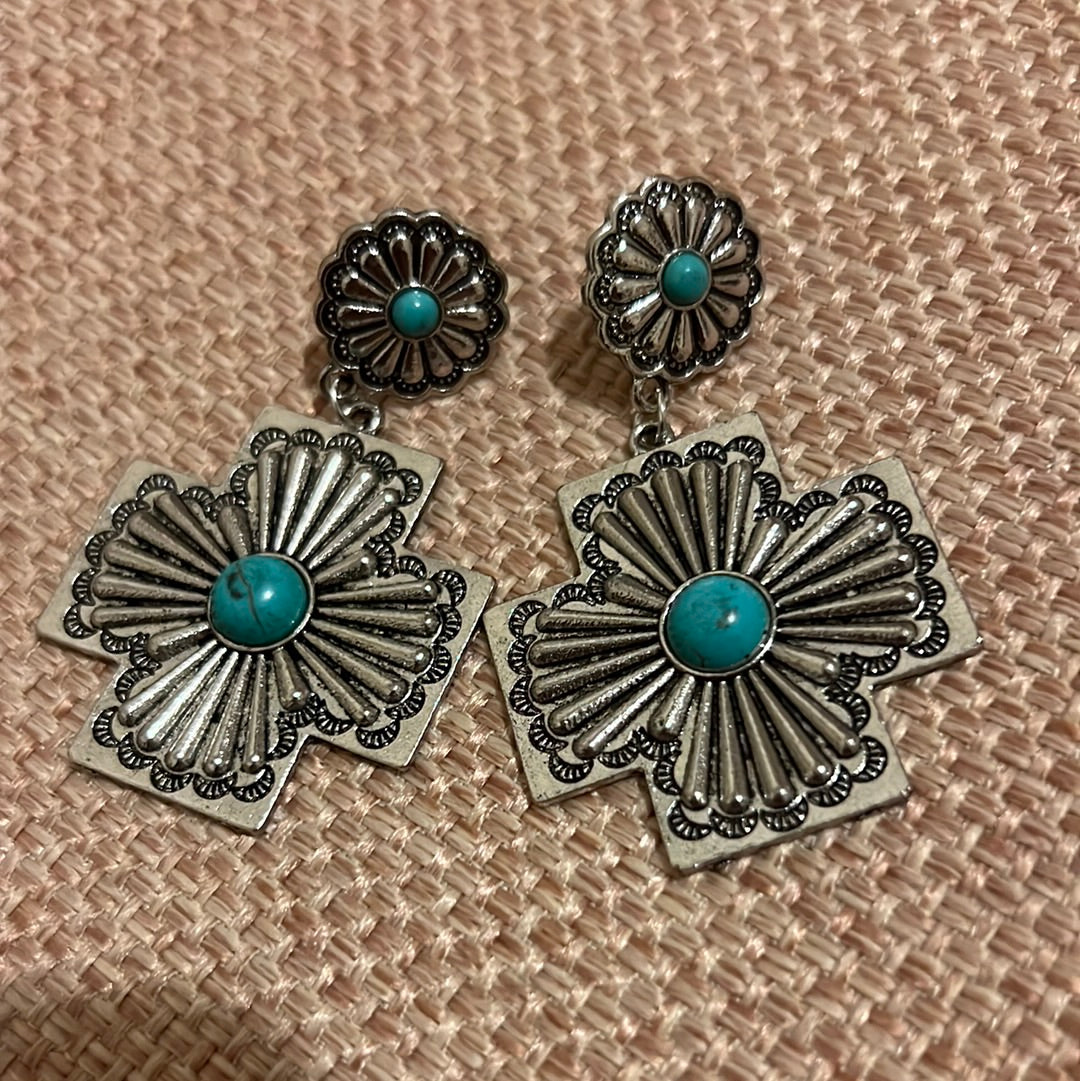 Silver & turquoise Concho earrings - 027
